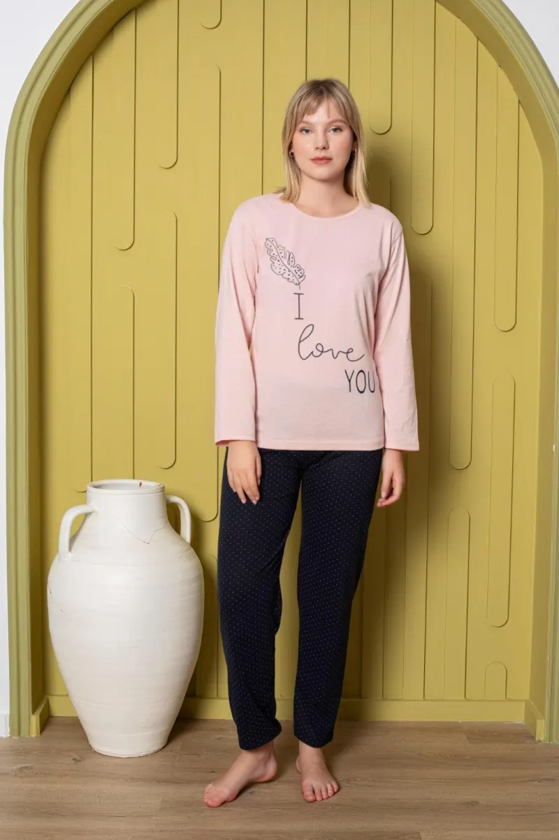 Pijama damă, cu mânecă lungă și pantaloni lungi, imprimeu I Love You