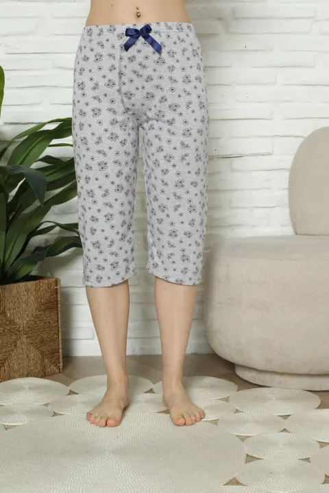 Pantaloni pijama damă 3/4, gri, imprimeu flori