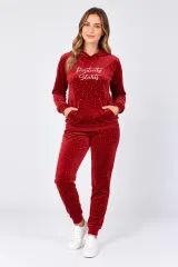 Trening damă din catifea, cu bluză cu glugă, pantaloni lungi și imprimeu „Positivity Starts”, roșu