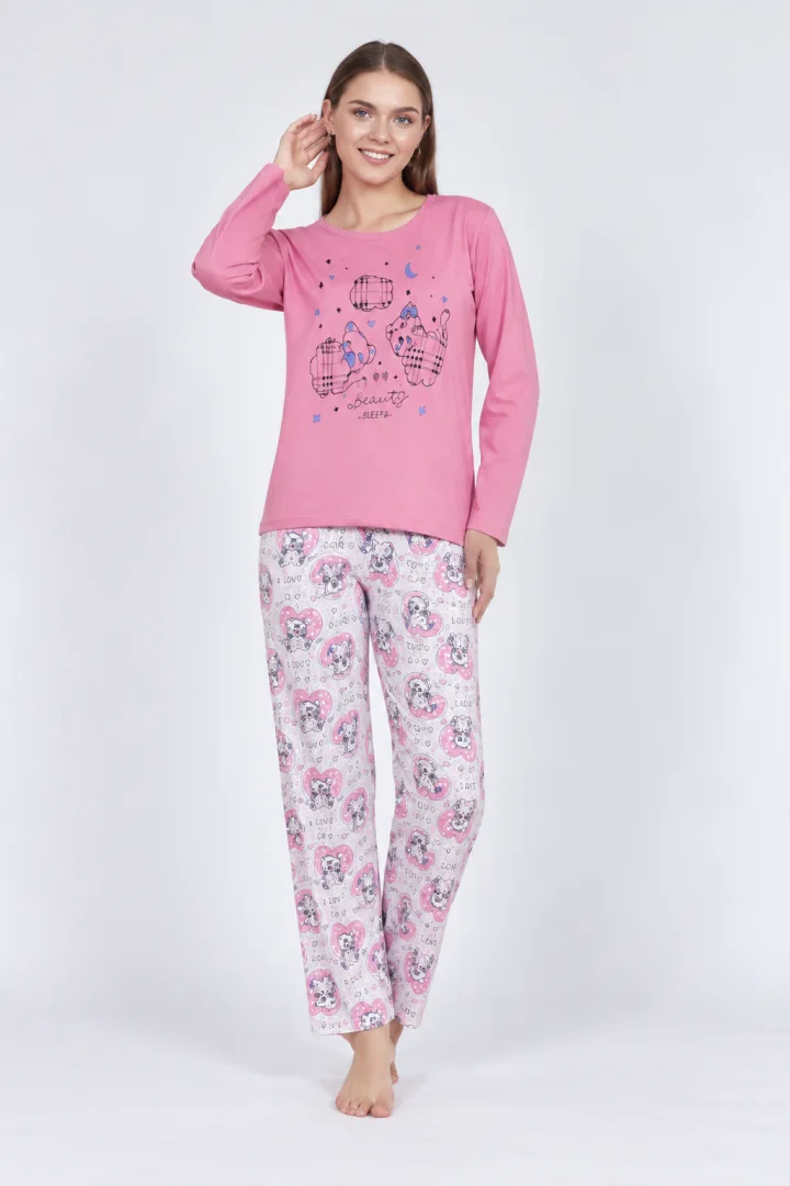 Pijama damă, cu mânecă lungă și pantaloni lungi, imprimeu ursuleti