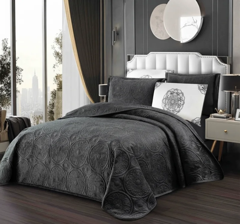 Set Cuvertură de Pat Dublu din Catifea Premium, 5 Piese, 220x240 cm, cu Fețe de Pernă Decorative