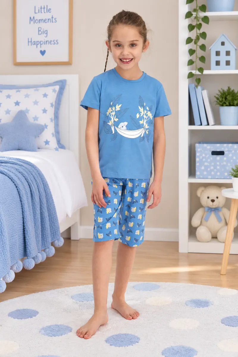 Pijama copii din bumbac cu ursuleți – tricou și pantaloni 3/4, albastru