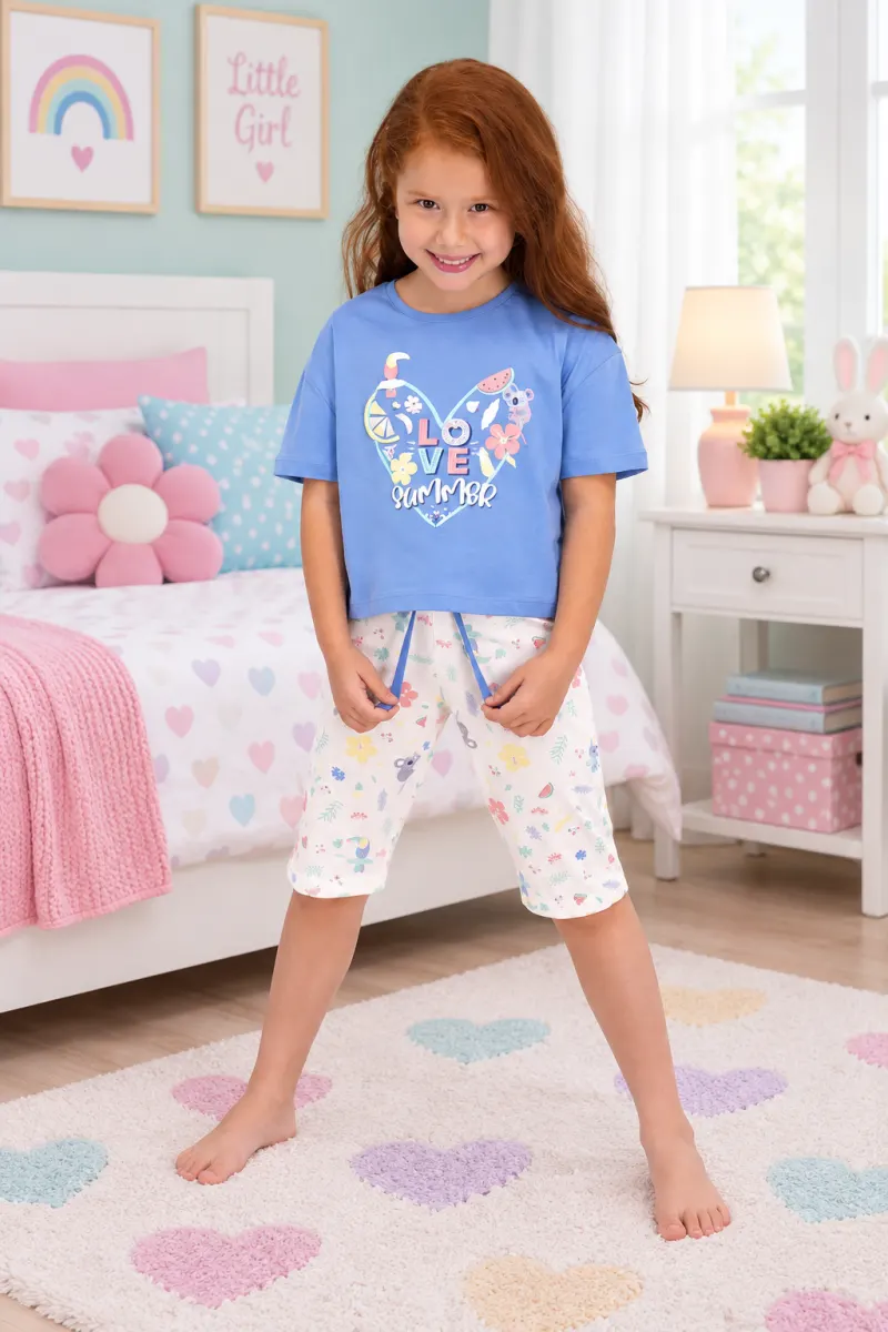 Pijama fetițe din bumbac cu tricou și pantaloni 3/4 – „LOVE SUMMER”, albastru