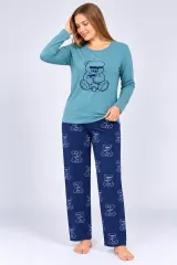 Pijama de dama turcoaz, bluza cu maneca lunga  si pantaloni lungi blumarin
