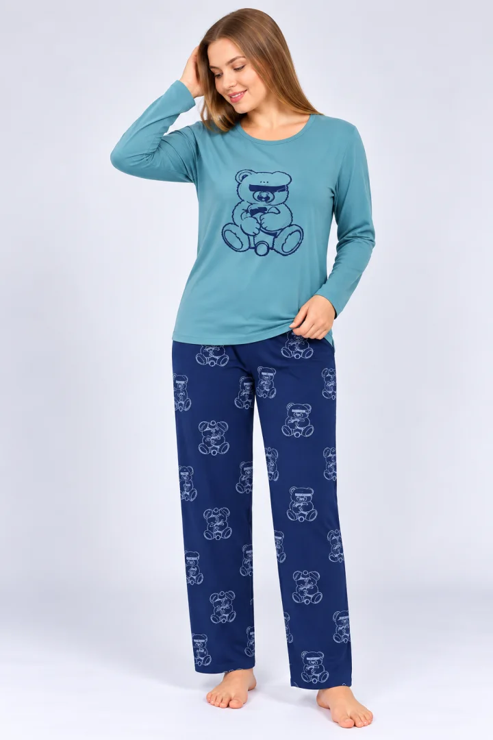 Pijama de dama turcoaz, bluza cu maneca lunga  si pantaloni lungi blumarin