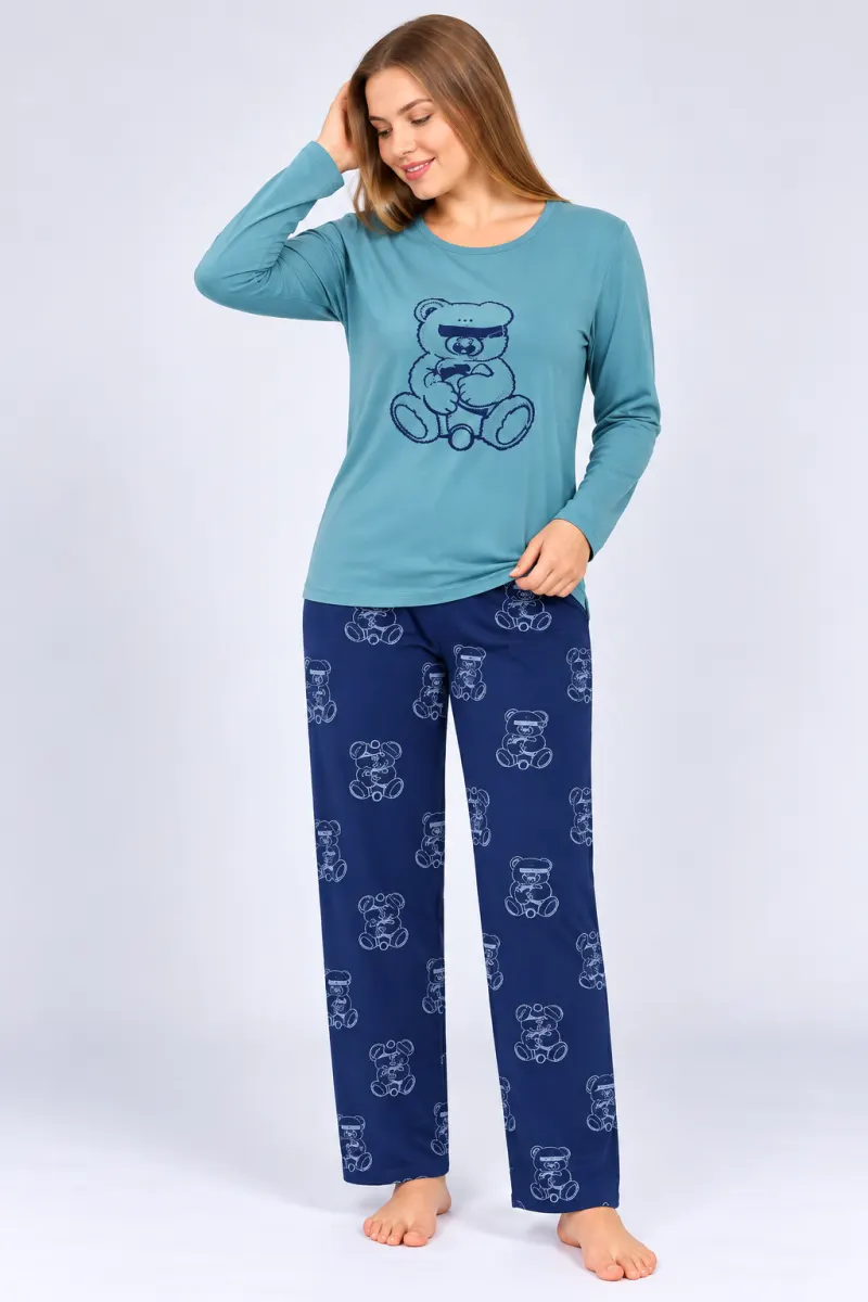 Pijama de dama turcoaz, bluza cu maneca lunga  si pantaloni lungi blumarin