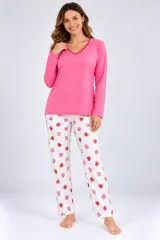 Pijama de dama roz cu maneca lunga si pantaloni lungi alb cu capsuni