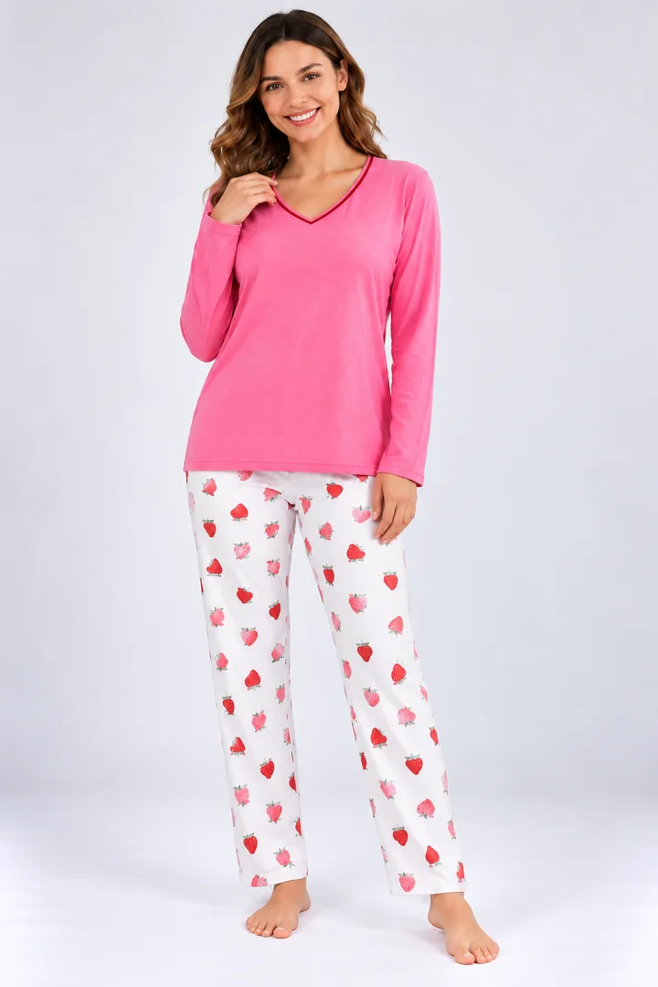Pijama de dama roz cu maneca lunga si pantaloni lungi alb cu capsuni
