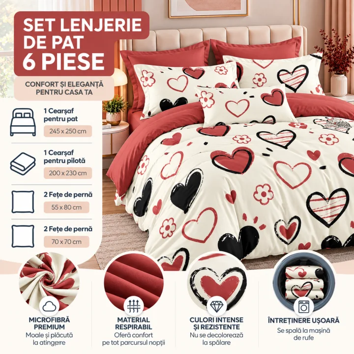 Set Lenjerie de Pat Dublu din Microfibră Premium, 6 Piese, Cearșaf 245x250 cm