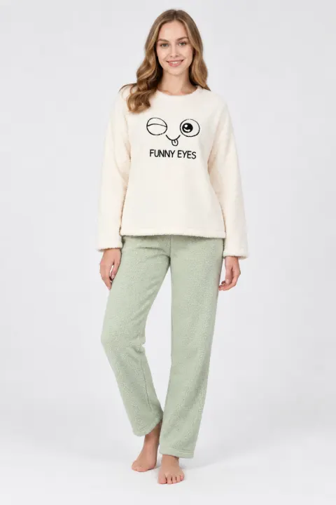 Pijamale damă cocolino alb și verde imprimeu „Funny Eyes”
