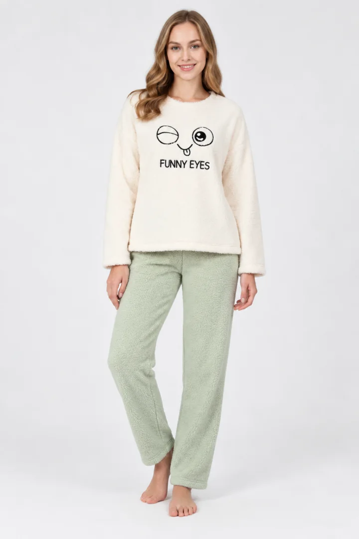 Pijamale damă cocolino alb și verde imprimeu „Funny Eyes”