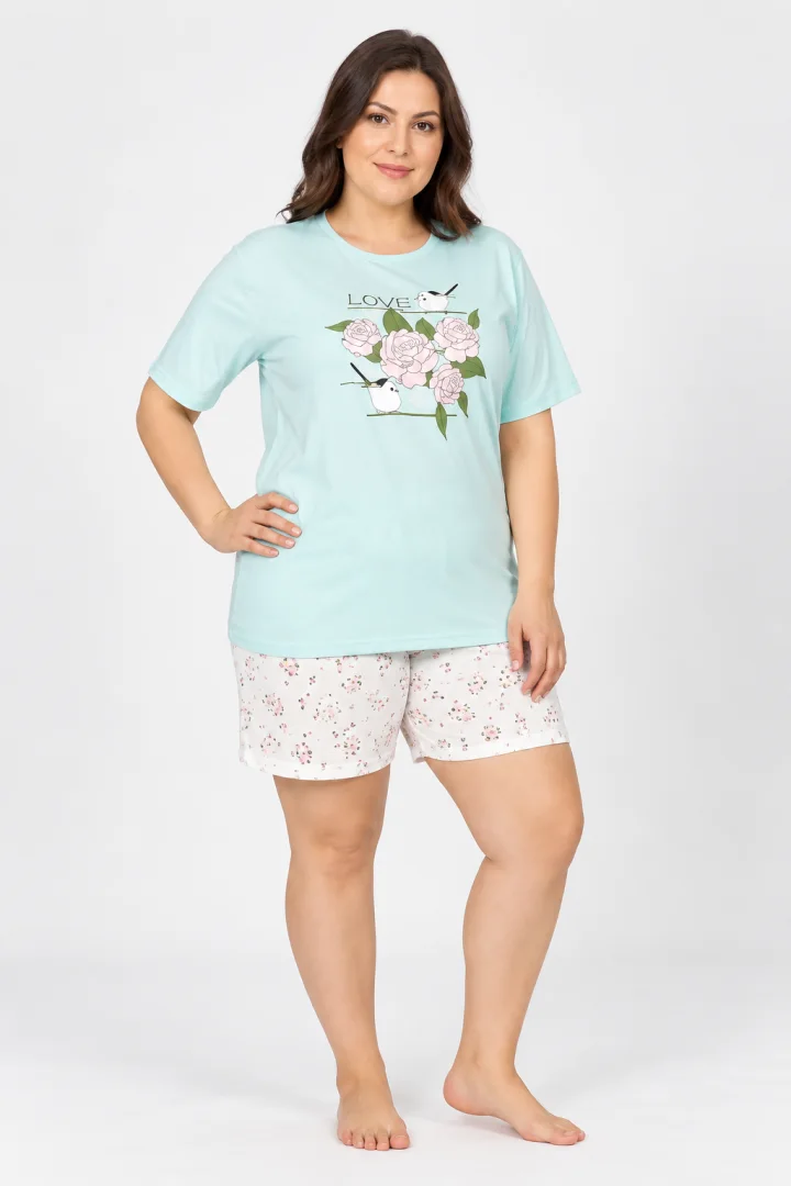 Pijama dama cu imprimeu Love, tricou si pantaloni scurti, blue
