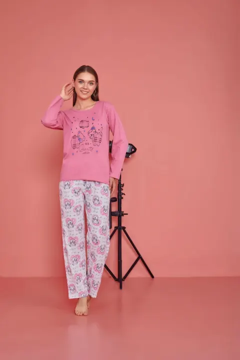 Pijama damă, cu mânecă lungă și pantaloni lungi, imprimeu ursuleti