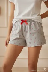 Short damă pijama, gri, imprimeu inimi portocalii
