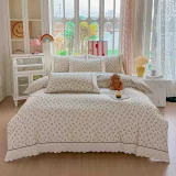 Lenjerie de Pat din 100% Bumbac cu Dantelă, 4 Piese, Cearșaf cu Elastic 180x200 cm