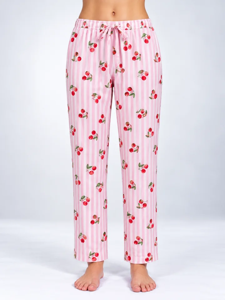 Pantaloni de pijama de dama roz cu cirese