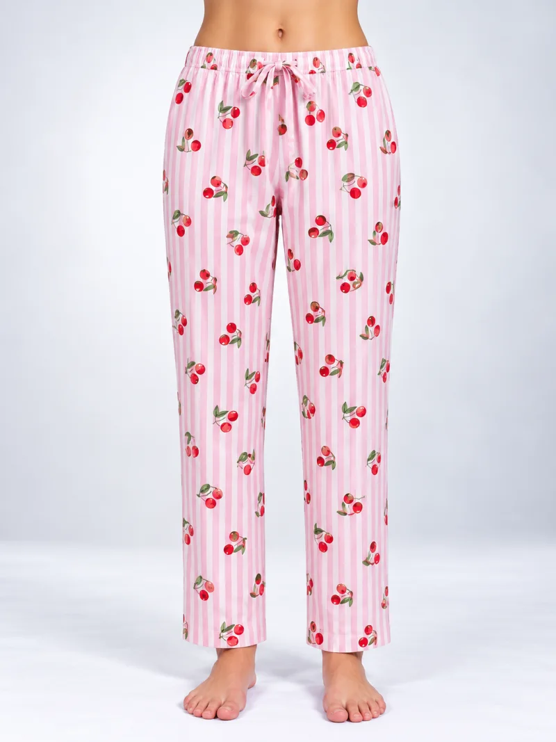 Pantaloni de pijama de dama roz cu cirese