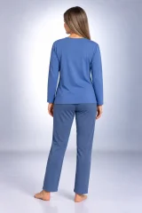 Pijama damă cu bluză albastră cu mânecă lungă și pantaloni lungi gri închis
