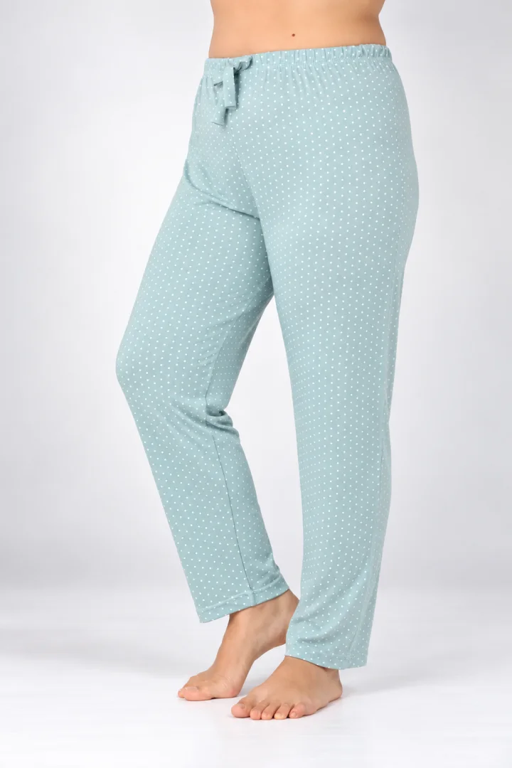 Pantaloni de pijama damă Big Size, verde cu puncte albe