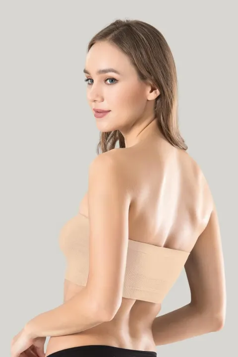 Bustieră damă Miss Fit elastică, fără bretele și fără cusături, cu efect modelator, bej