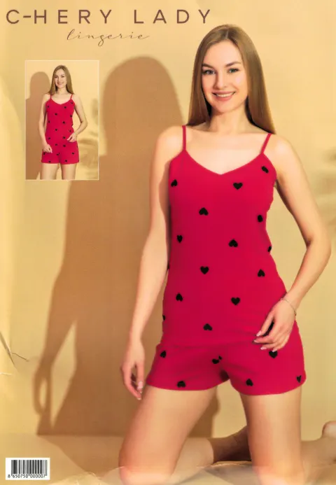 Pijama damă, maiou și short, imprimeu inimi, rosu