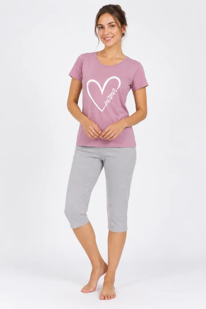 Pijama familie, culoare mov, imprimeu inima
