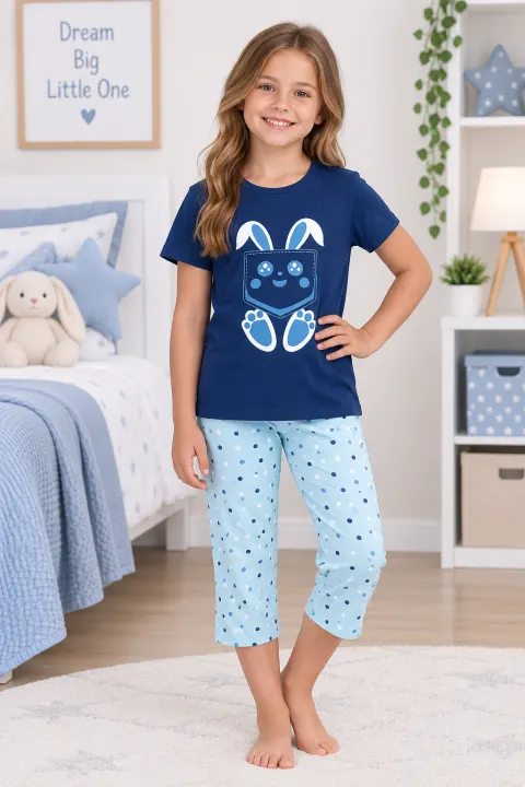 Pijama fetițe de Paște – tricou bleumarin și pantaloni 3/4 cu imprimeu