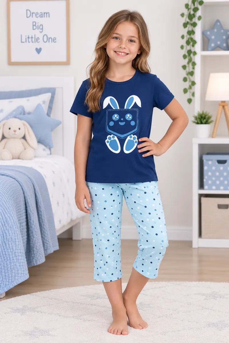 Pijama fetițe de Paște – tricou bleumarin și pantaloni 3/4 cu imprimeu