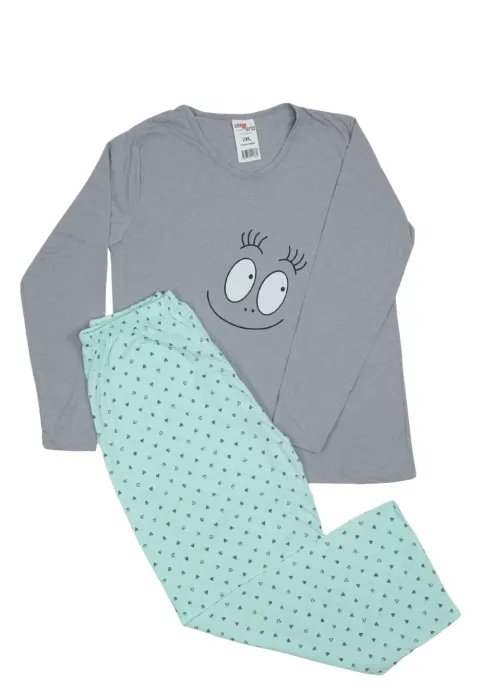 Pijama damă Gri, mânecă lungă și pantaloni lungi verzi