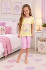 Pijama fetițe din bumbac cu tricou și pantaloni 3/4 – „Cool Girl”, galben