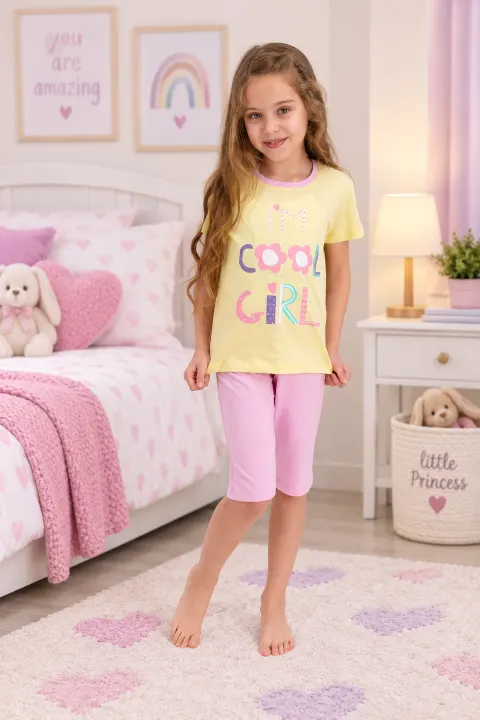 Pijama fetițe din bumbac cu tricou și pantaloni 3/4 – „Cool Girl”, galben