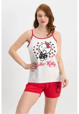 Pijama damă „Hello Kitty” – maiou alb și pantaloni scurți rosi, 100% bumbac