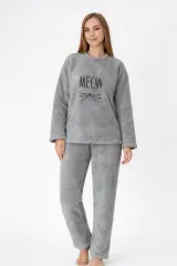 Pijamale damă cocolino gri deschis cu imprimeu „Meow”