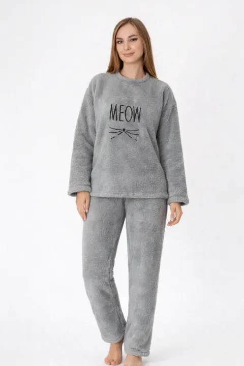 Pijamale damă cocolino gri deschis cu imprimeu „Meow”