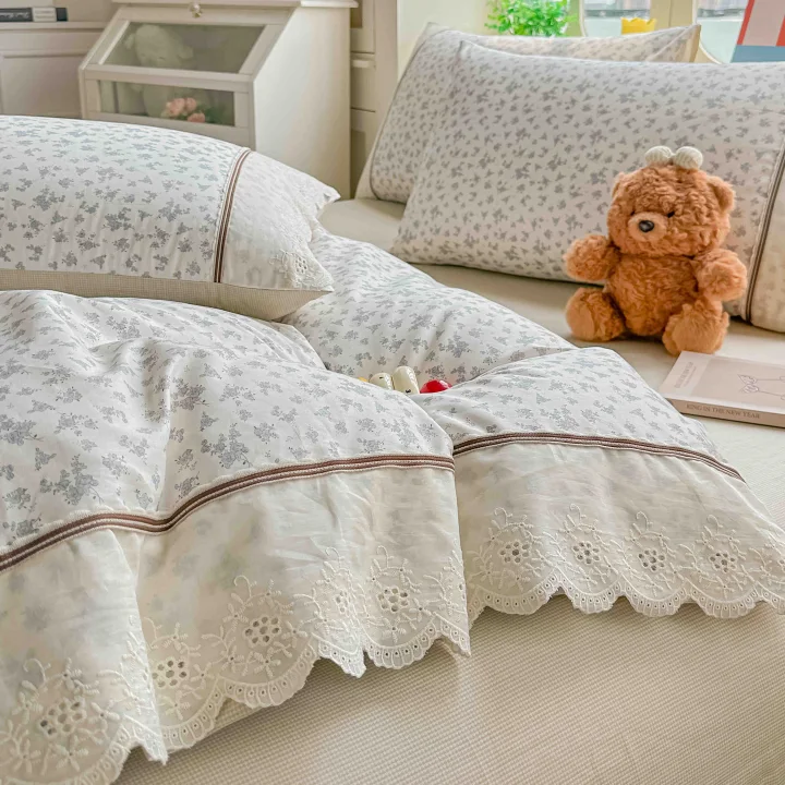 Lenjerie de Pat din 100% Bumbac cu Dantelă, 4 Piese, Cearșaf cu Elastic 180x200 cm