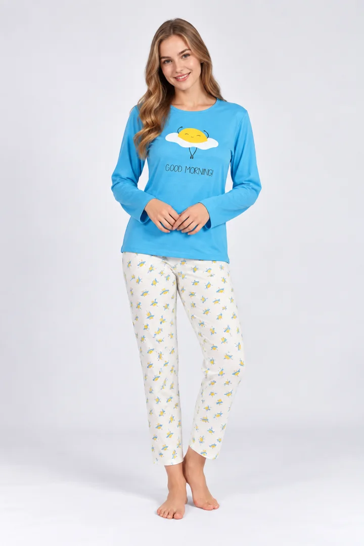 Pijama damă, cu mânecă lungă și pantaloni cu imprimeu Good morning