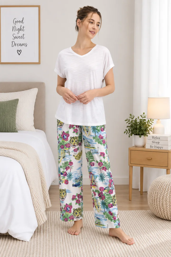 Pijama damă, bluză cu mânecă căzută și decolteu în V, și pantaloni lungi, imprimeu floral