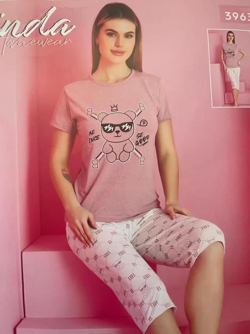 Pijama damă Rinda din bumbac „BB” cu pantaloni 3/4
