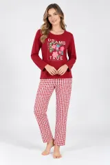 Pijama damă, mânecă lungă și pantaloni lungi, imprimeu Dreams Come True, rosu
