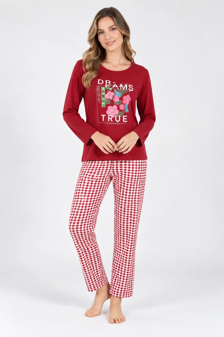 Pijama damă, mânecă lungă și pantaloni lungi, imprimeu Dreams Come True, rosu