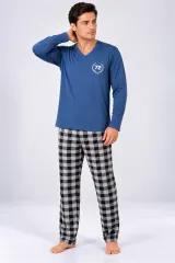 Pijama barbat albastru cu carouri mari alb cu negru