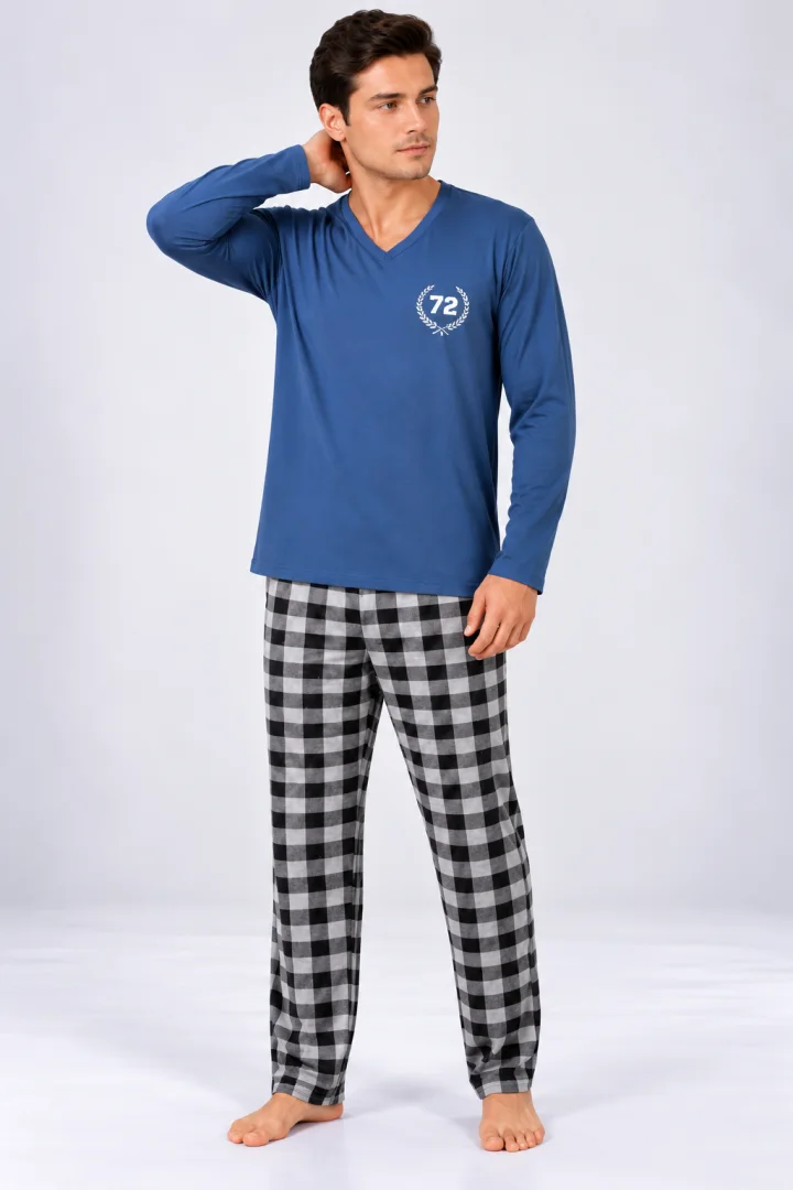 Pijama barbat albastru cu carouri mari alb cu negru