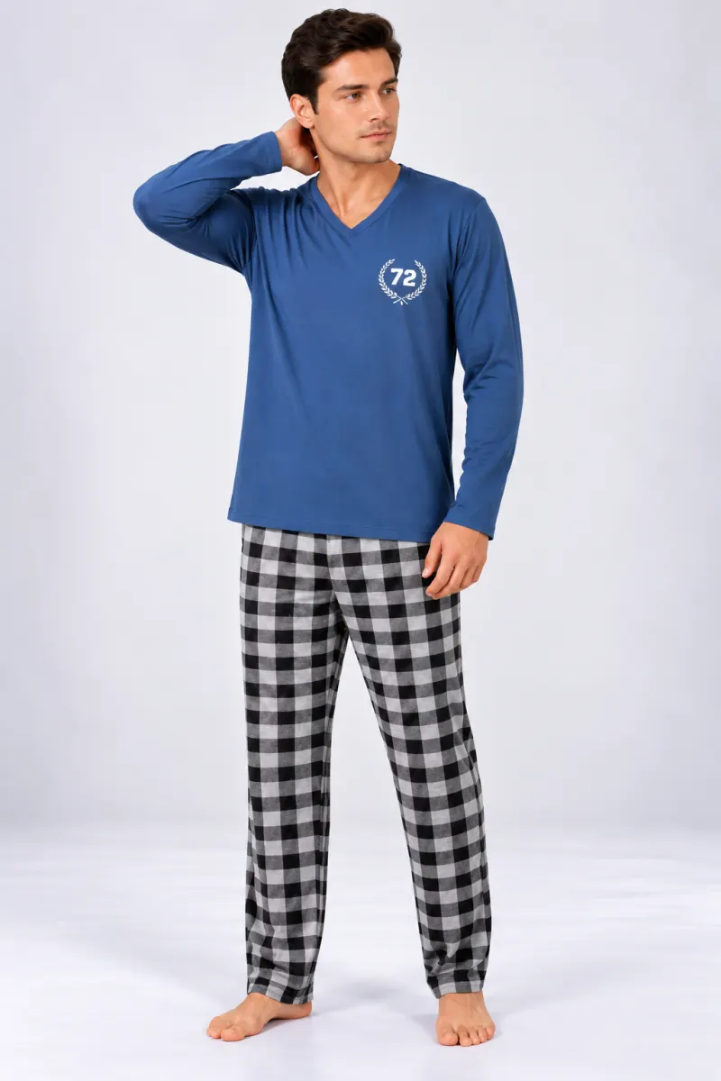 Pijama barbat albastru cu carouri mari alb cu negru