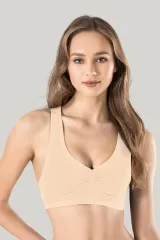 Bustieră sport damă Miss Fit elastică, cu bretele late, fără cusături și spate racerback, bej