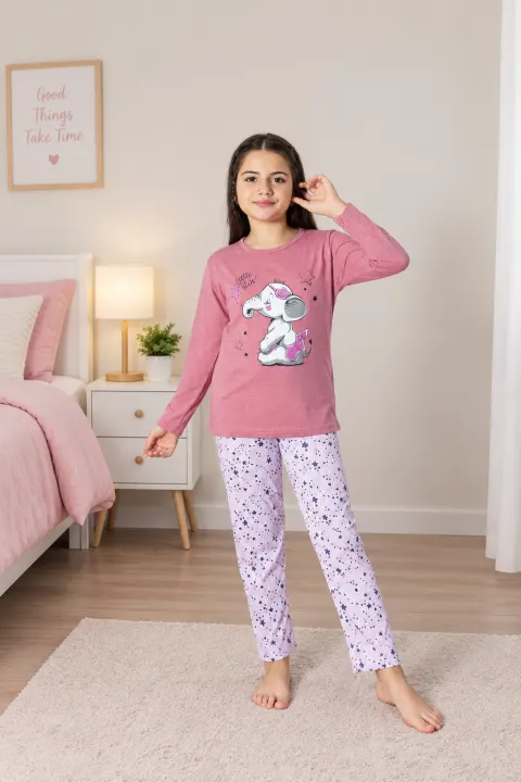 Pijama fetițe cu elefant, roz deschis