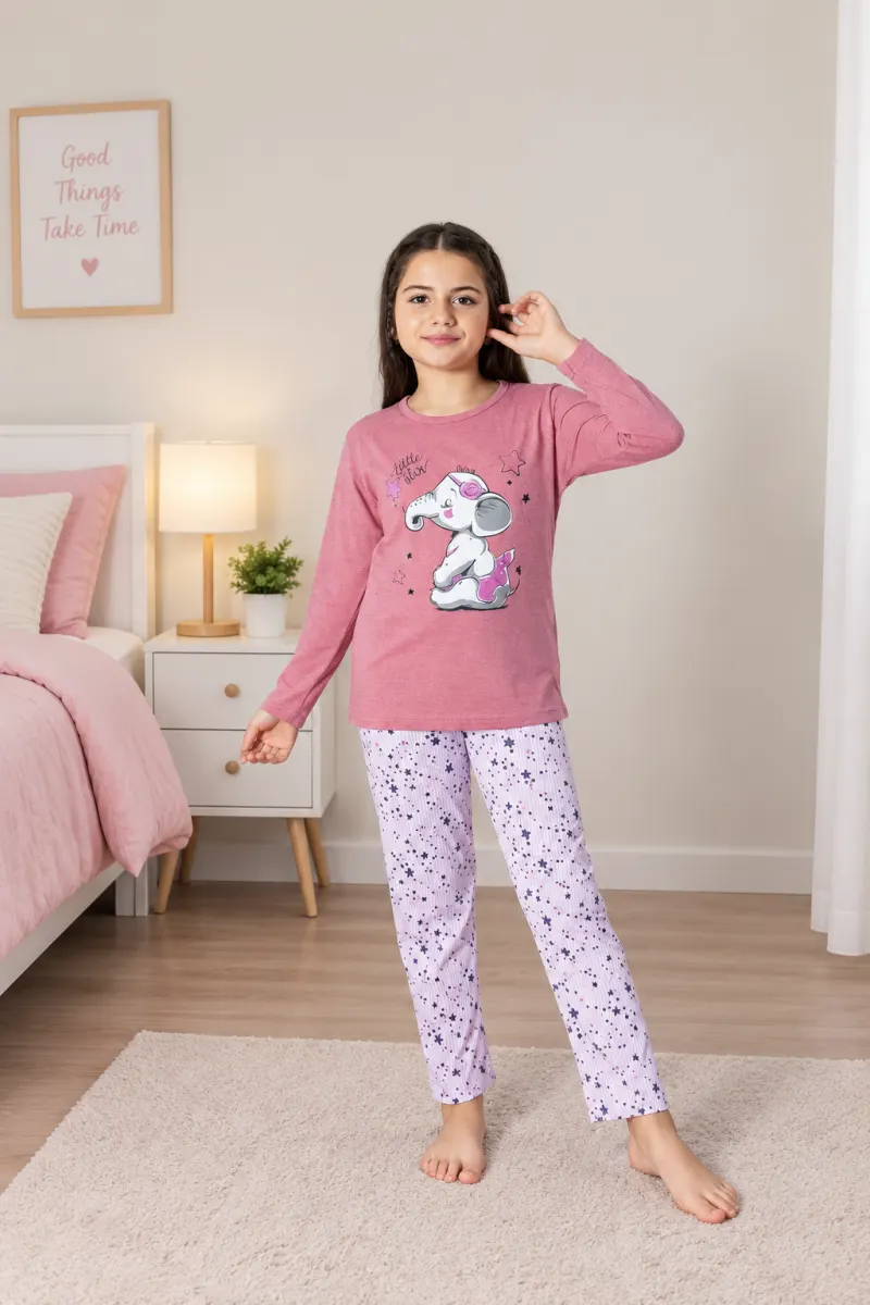 Pijama fetițe cu elefant, roz deschis