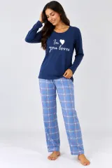 Pijama de dama cu bluza blumarin cu maneca lunga si pantaloni lungi blue cu carouri