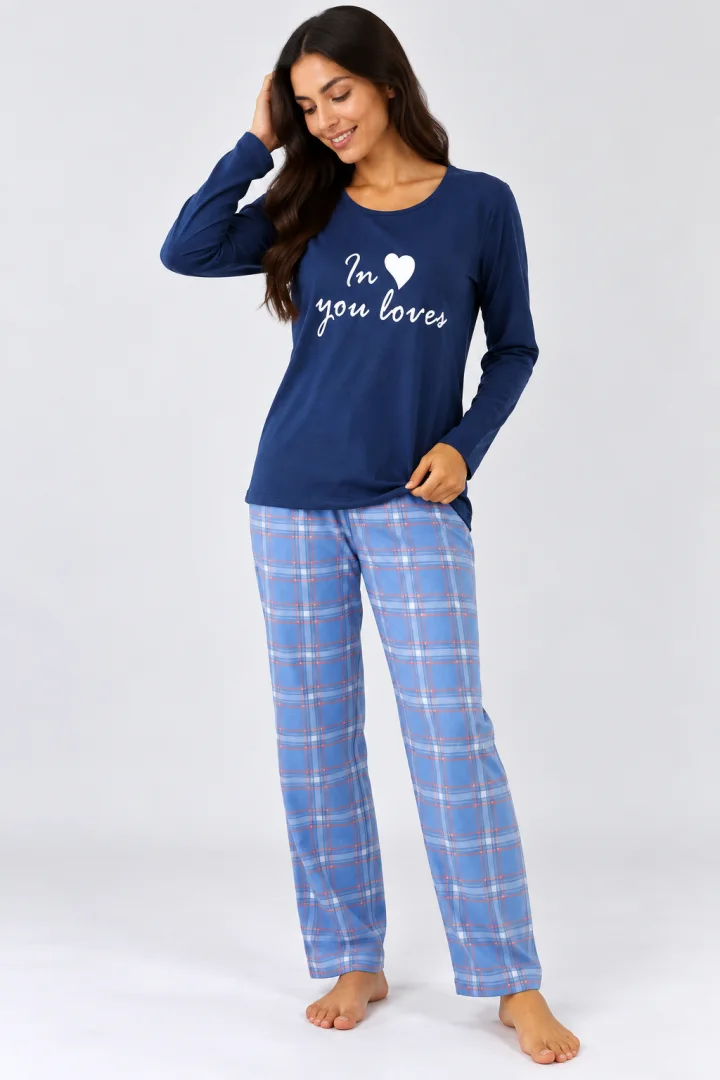 Pijama de dama cu bluza blumarin cu maneca lunga si pantaloni lungi blue cu carouri
