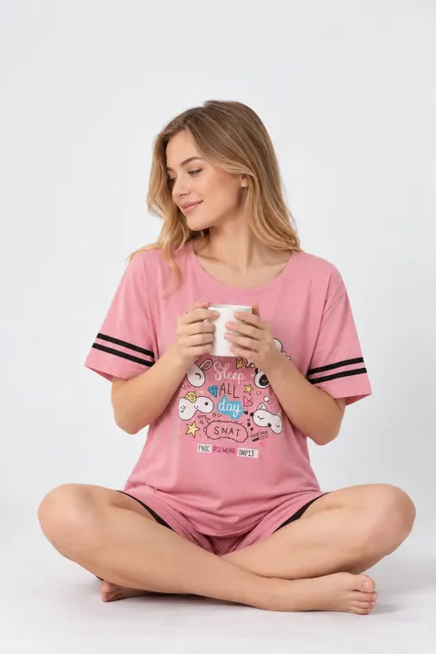 Rochie casual damă din bumbac 100%, cu mânecă scurtă și imprimeu „Sleep”, roz