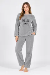 Pijamale damă cocolino gri deschis cu imprimeu „Meow”
